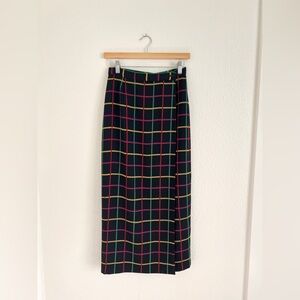 VINTAGE black windowpane wrap midi skirt / size 4